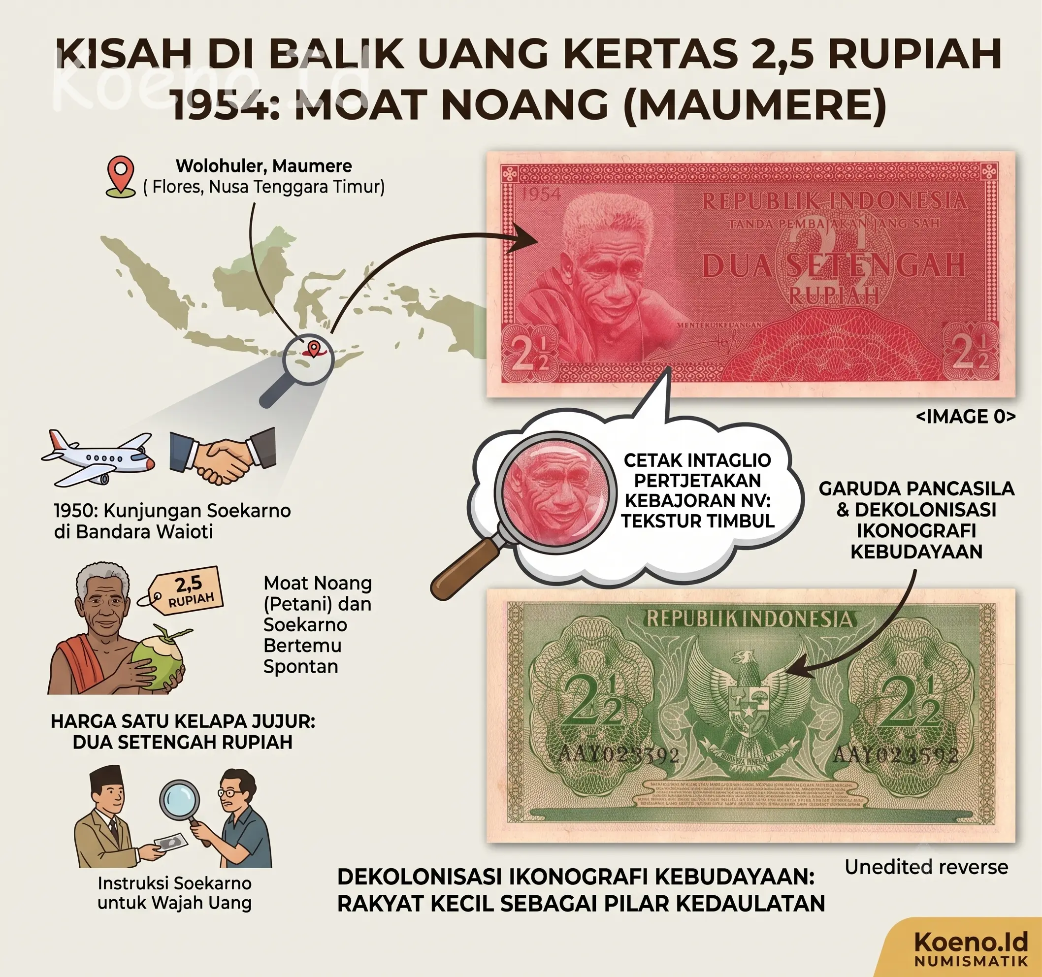 Gambar Petani Kelapa Asal Maumere pada uang 2.5 rupiah 1954