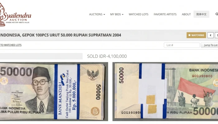 Menarik! Uang Gepok Rp50.000 Supratman 1999/2004 Terjual Rp4,1 Juta di Syailendra Auction