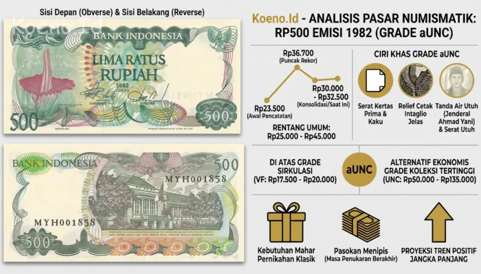 Fluktuasi Pasar: Grafik Harga Uang Kertas Kuno Rp500 Tahun 1982 Kondisi aUNC Capai Rp30.000 – Rp36.700