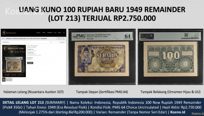 Uang Kuno 100 Rupiah Baru 1949 Remainder PMG 64 Tembus Rp2,75 Juta di Nusantara Auction 107