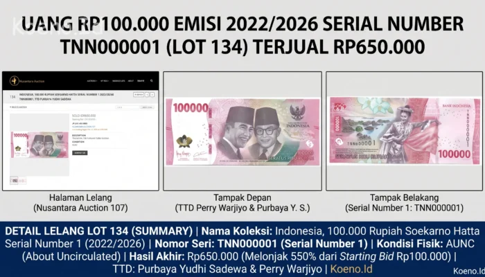 Uang Rp100.000 Emisi 2022/2026 Serial Nomor 1 TTD Menkeu Purbaya Laku Rp650.000 di Nusantara Auction